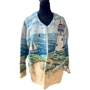 Vintage made in USA Arts Unlimited Tapestry Jacket Lighthouse New England size L